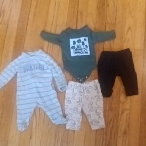 Garanimals Green Onesie, Dinosaur Pants, Black Pants and Carter's Little Brother